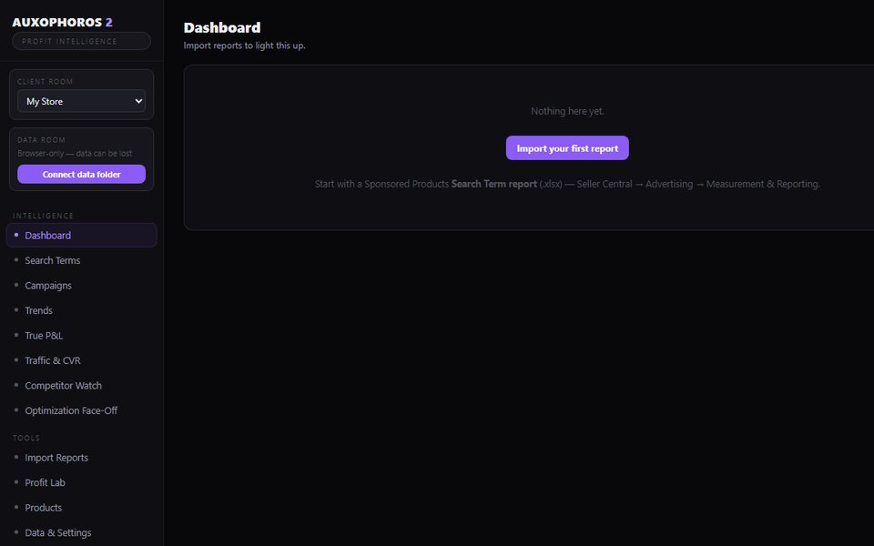 The Auxophoros dashboard screen
