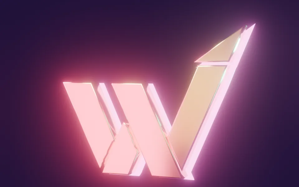 Woshi Studio 3D logo concept: a rose gold W with a neon glow