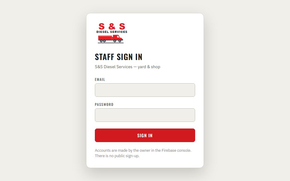 S&S Diesel Services staff sign-in screen