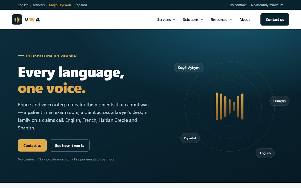 Front page of the VWA Language Access website