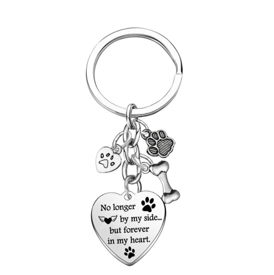 WhiskerTorium pet memorial keychain with heart and paw charms